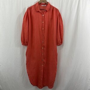 Tempo Paris 100% Linen Coral Button Front Shirt Dress Lagenlook Size S/M Italy